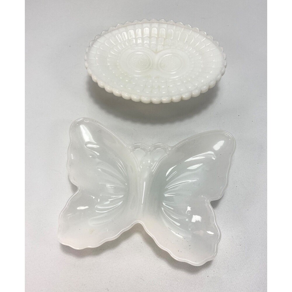 Set of Two Avon Milk Glass Trinket Dishes Owl Soap Dish Butterfly Dish 6" Retro